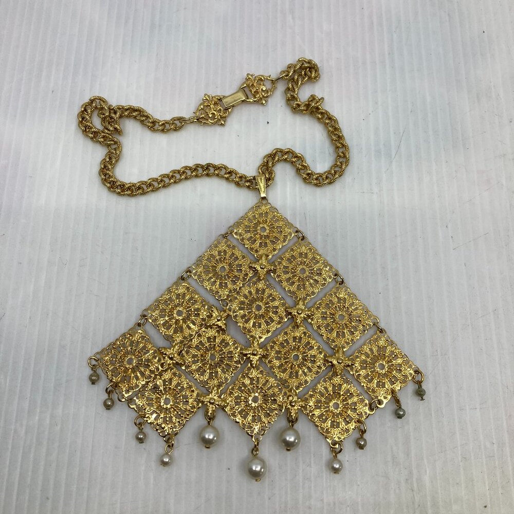 Vtg 1970s D'ORLAN ? mesh filigree gold tone Egyptian Etruscan necklace